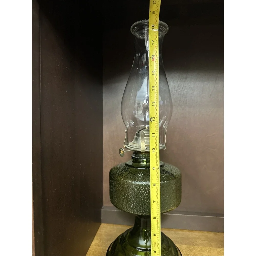 Vintage Green Glass Kerosene Oil Lamp & Chimney 18